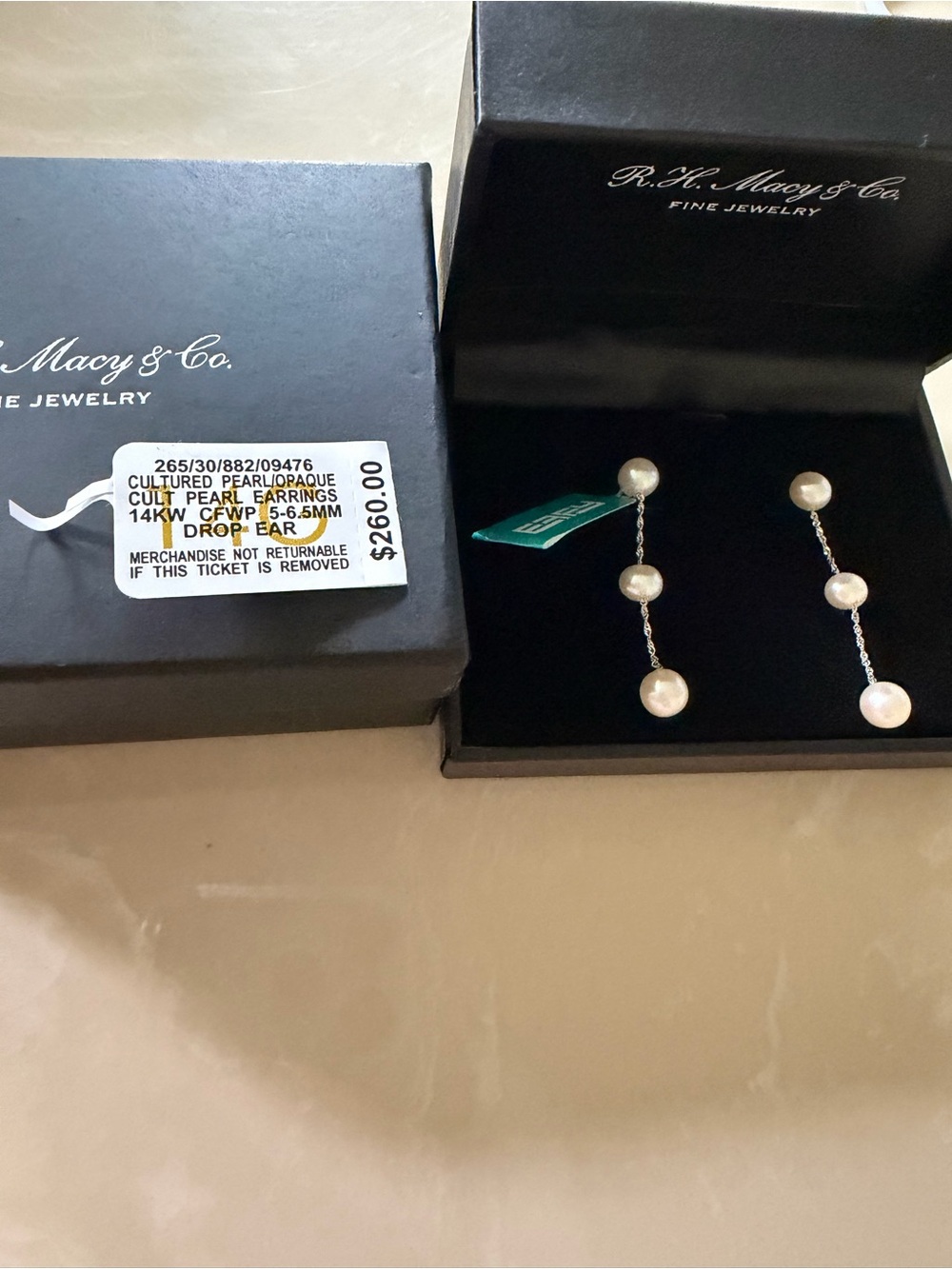 Macys Effy White Pearl 14K Drop Earrings